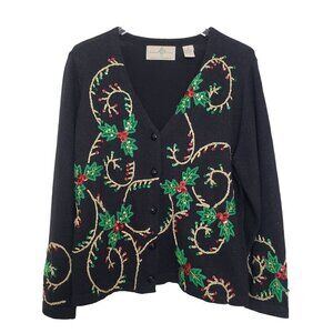 Design Options Holly Berry Cardigan Beaded Sequin Holiday Sweater Womens Sz XL